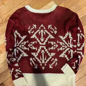 FIFTY STREET Women's Small Burgundy Cream Geometric Pullover Sweater Festive